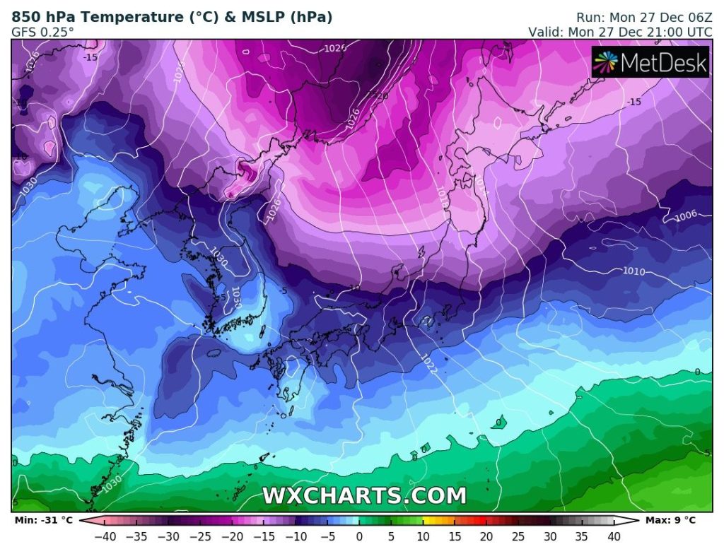 Giappone Temperature a 850hpa - 1500m secondo il modello GFS