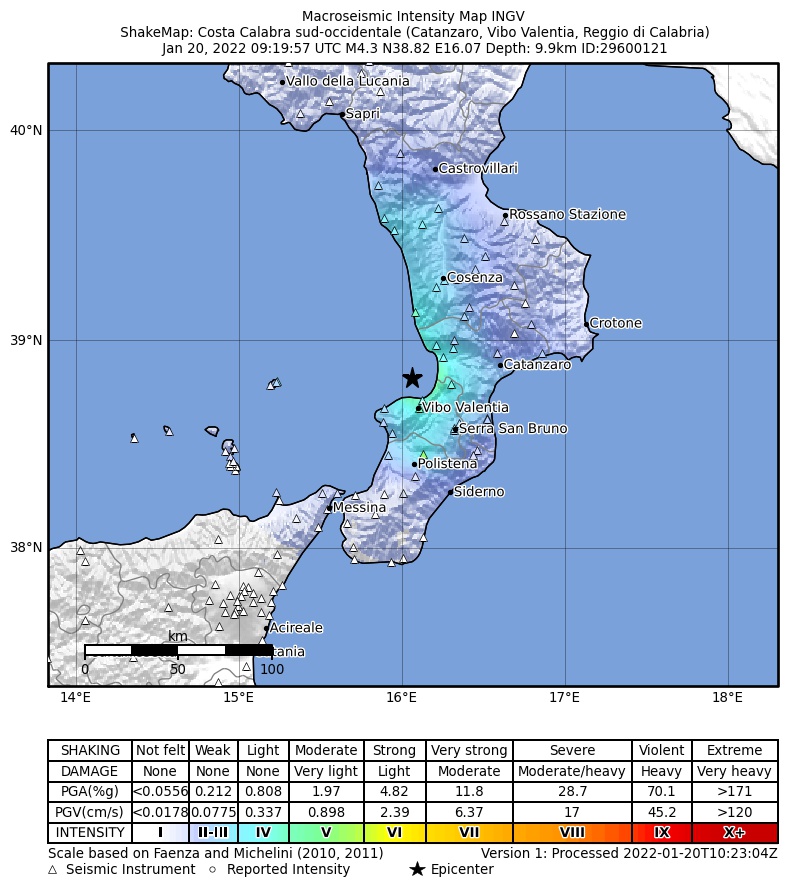 Terremoto Calabria 20 Gennaio 2022