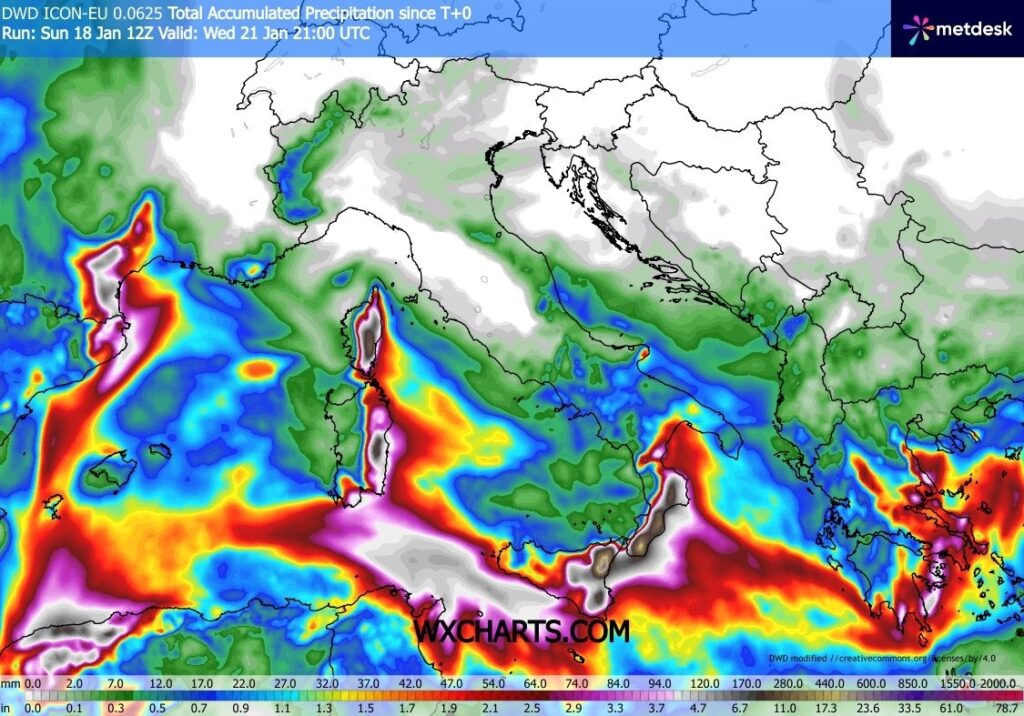 Meteo Sardegna: ciclone mediterraneo Harry, vento forte da Est/Scirocco e piogge intense tra lunedì 19 e mercoledì 21 gennaio