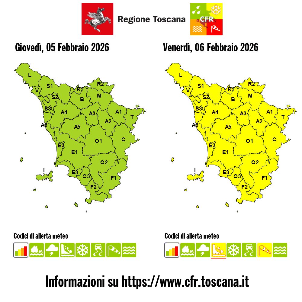 Allerta meteo gialla in Toscana: piogge e vento tra la notte e la mattina di venerdì 6 febbraio